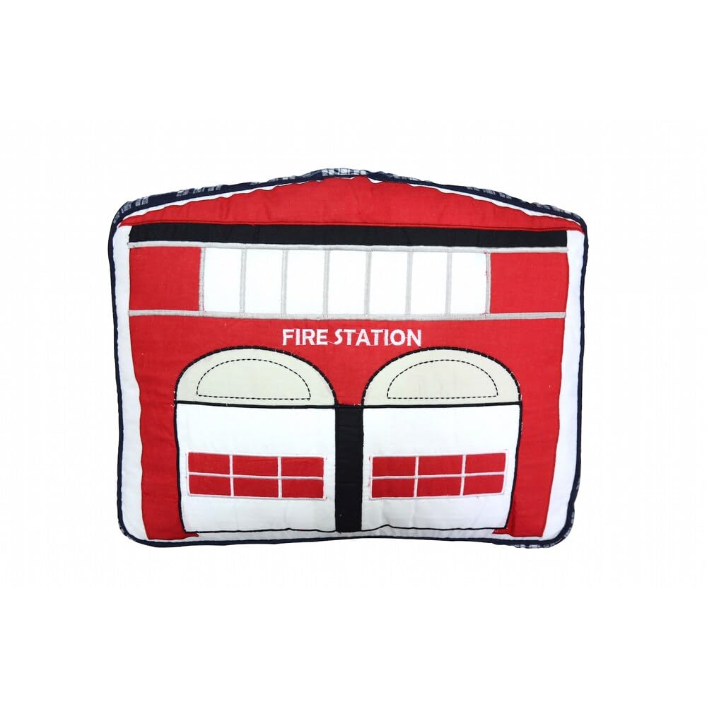Cozy Line Home Fashions Fire Station Throw Pillow, Red White Embroidered Print Pattern Cotton Decorative Pillow For Kid Boys (Fi