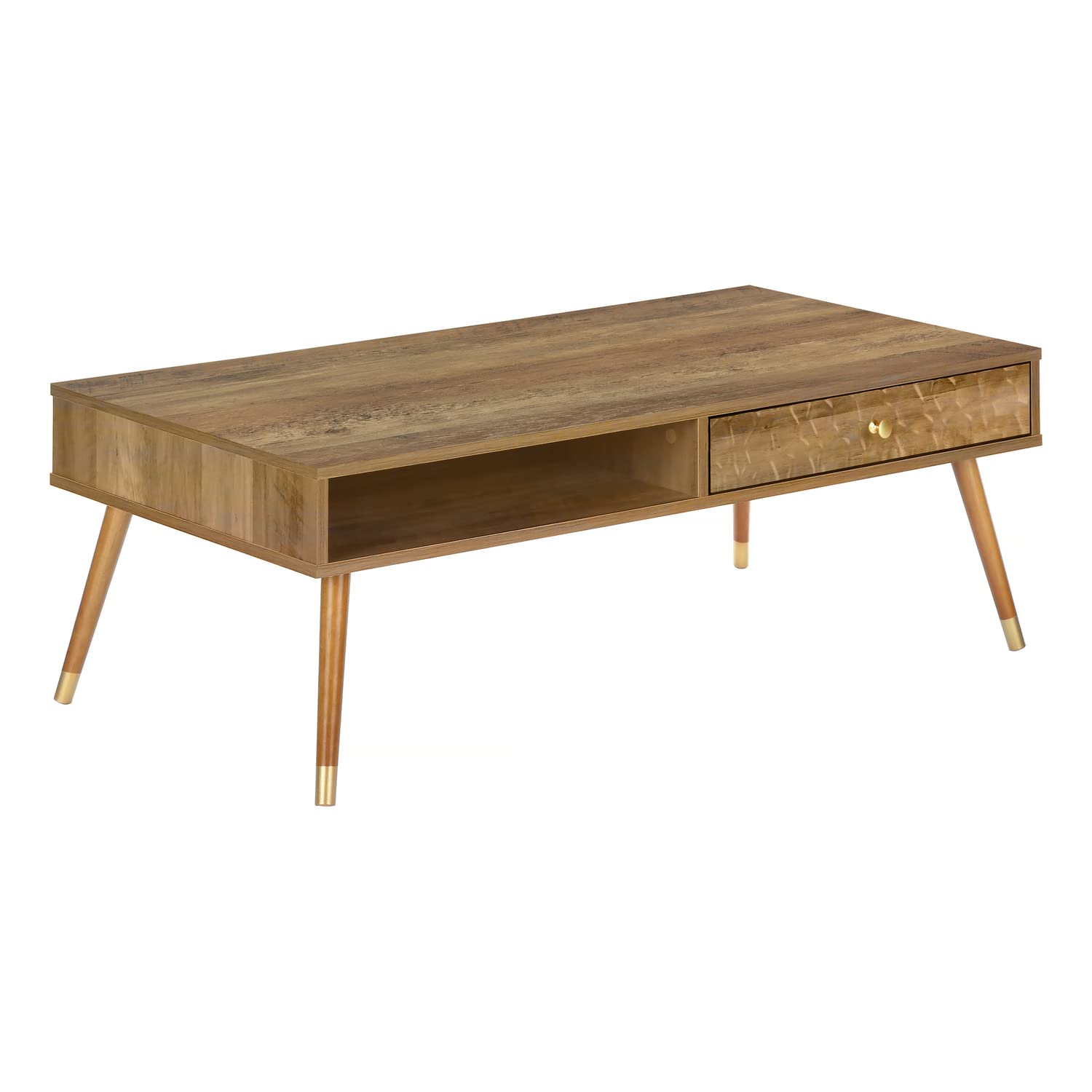 Monarch Specialties 2836, Accent, Cocktail, Rectangular, Storage, Living Room, 44&quot; L, Wood, Laminate, Coffee Table Mid-Century with A Drawer, 43.5&quot; L x 23.25&quot; W x 15.5&quot; H, Walnut/Gold