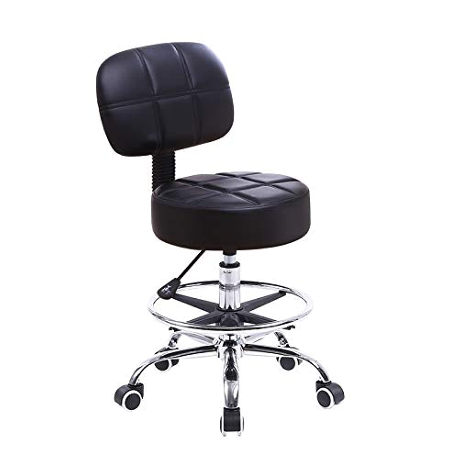 KKTONER Swivel Round Rolling Stool PU Leather with Adjustable Foot Rest Height Adjustable Task Work Drafting Chair with Back (Bl