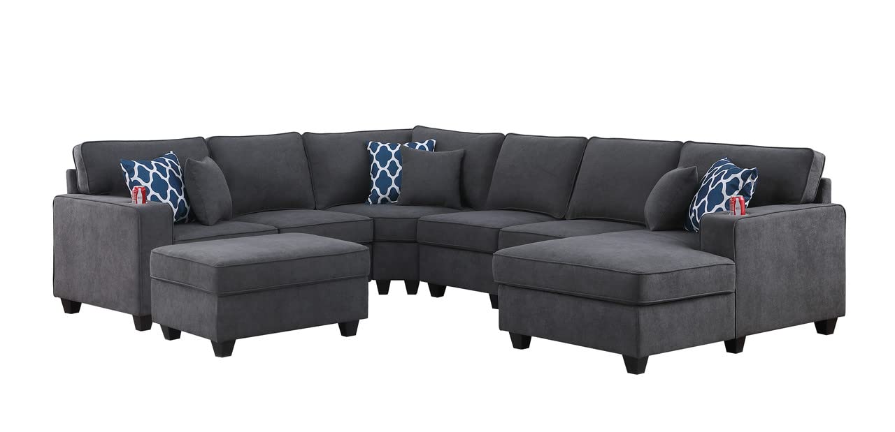 Lilola Home Cooper Stone Gray Woven Fabric 7Pc Modular Sectional Sofa Chaise with Ottoman and Cupholder