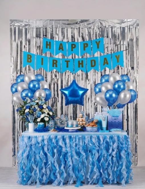 Homebakers Mart Birthday Decoration Combo Set  2 Curtain, 1 Happy Birthday Banner, 20 Balloons (1010 Mixed Colors), 1 Star Foi