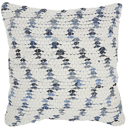HomeRoots 100% Cotton White and Denim Knubby Waves Throw Pillow