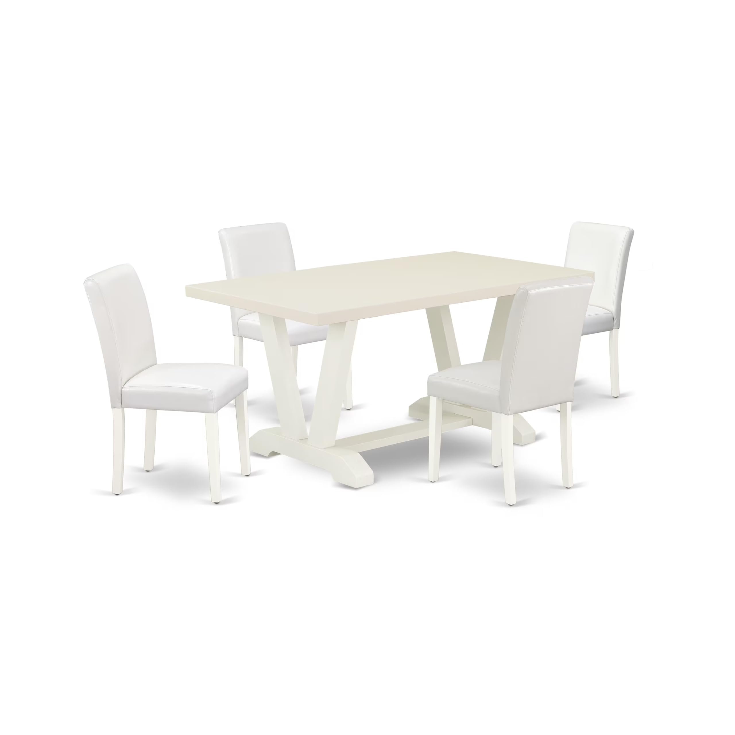 East West Furniture V026Ab264-5 5 Piece Dining Room Table Set Includes A Rectangle Kitchen Table With V-Legs And 4 White Faux Leather Parsons Dining Chairs, 36X60 Inch, Multi-Color