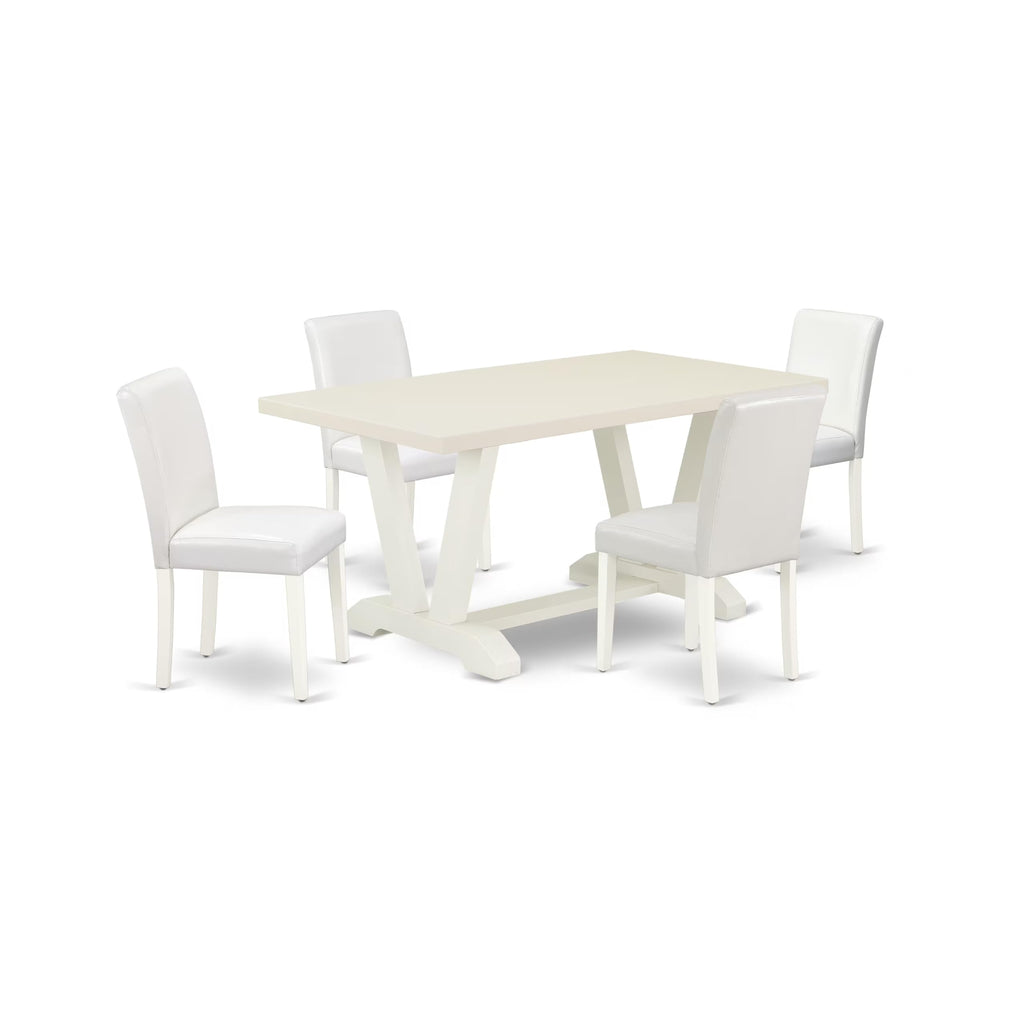 East West Furniture V026Ab264-5 5 Piece Dining Room Table Set Includes A Rectangle Kitchen Table With V-Legs And 4 White Faux Leather Parsons Dining Chairs, 36X60 Inch, Multi-Color