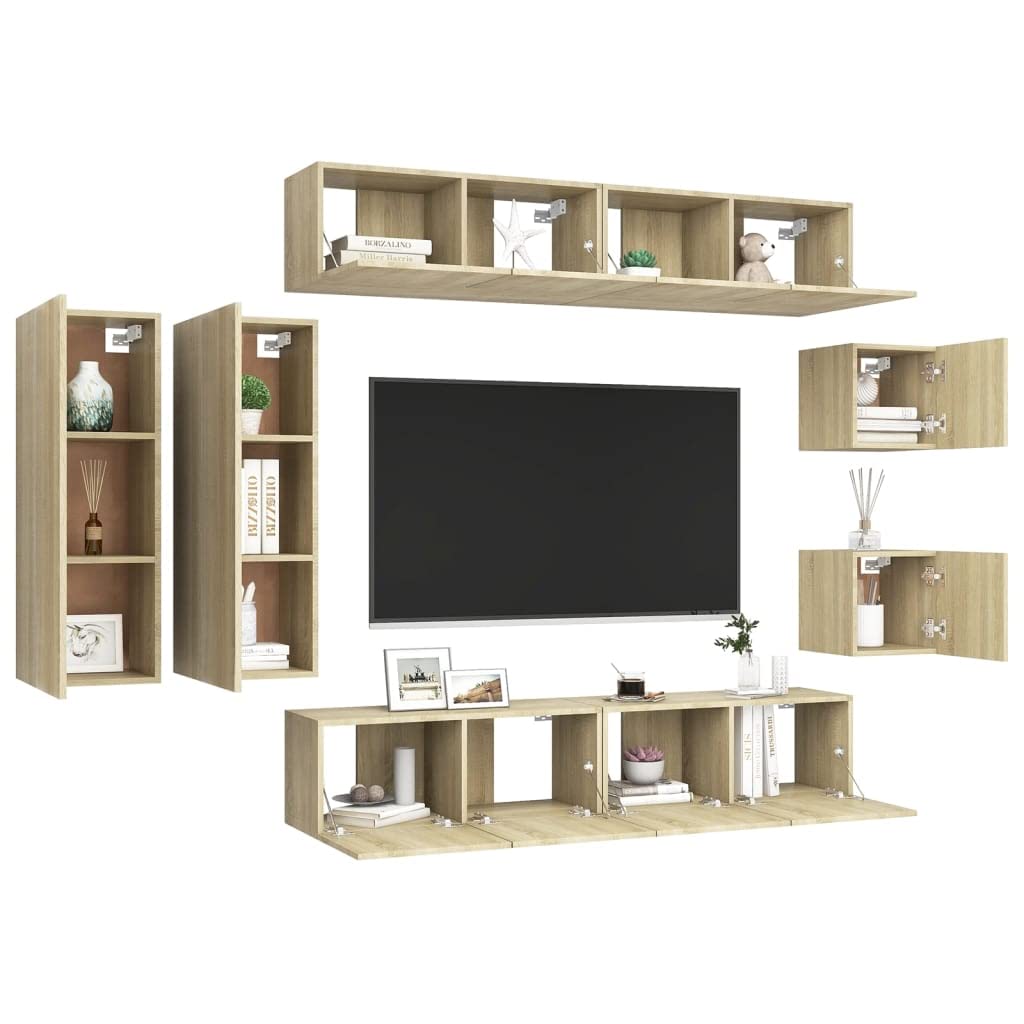vidaXL TV Cabinet Set 8 Piece Living Room Bedroom Furniture HiFi Stereo Cabinet TV Stand Media Unit Entertainment Center Engineered Wood Sonoma Oak