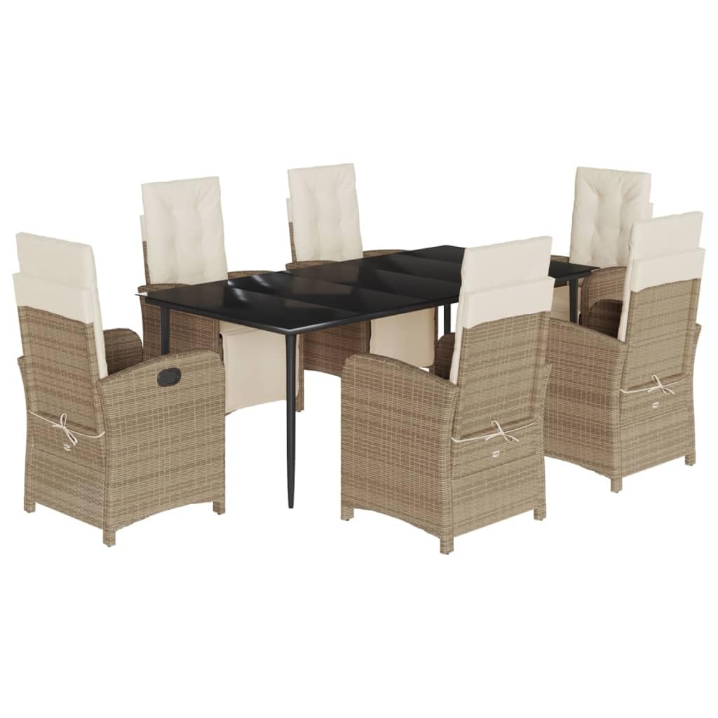 vidaXL 7 Piece Beige Patio Dining Set - PE Rattan & Cushions, Adjustable Reclining Chairs, Tempered Glass Tabletop