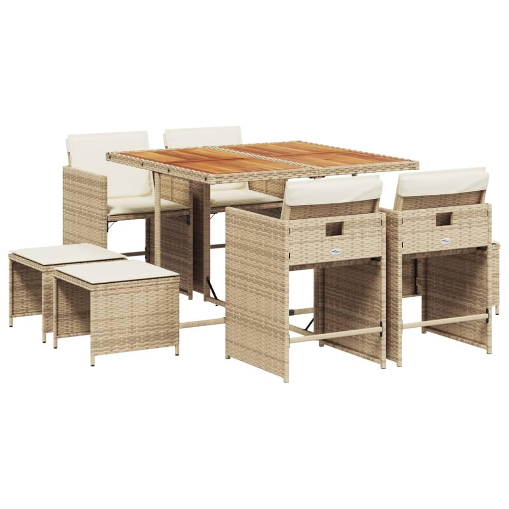 vidaXL Patio Dining Set with Cushions - 9 Piece - Beige Poly Rattan Garden/Outdoor Furniture - Space-Saving Foldable Chairs and Acacia Wood Tabletop