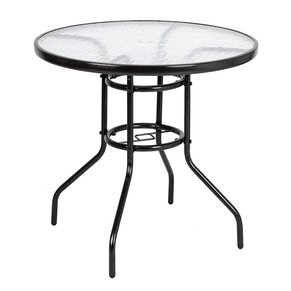 Vingli Round Patio Table With Umbrella Hole, 32' Outdoor Dining Table Steel Tempered Glass Patio Table Round Outdoor Table For Balcony Garden Deck