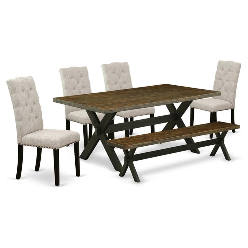 East West Furniture X677El635-6 6 Piece Dining Room Set Contains A Rectangle Dining Table With X-Legs And 4 Doeskin Linen Fabric Parson Chairs With A Bench, 40X72 Inch, Multi-Color