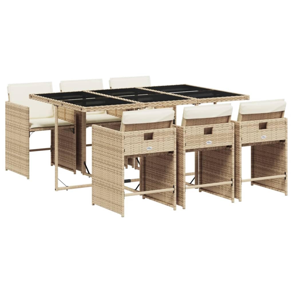 vidaXL Patio Dining Set with Cushions - 7 Piece Beige Poly Rattan Outdoor Garden Furniture