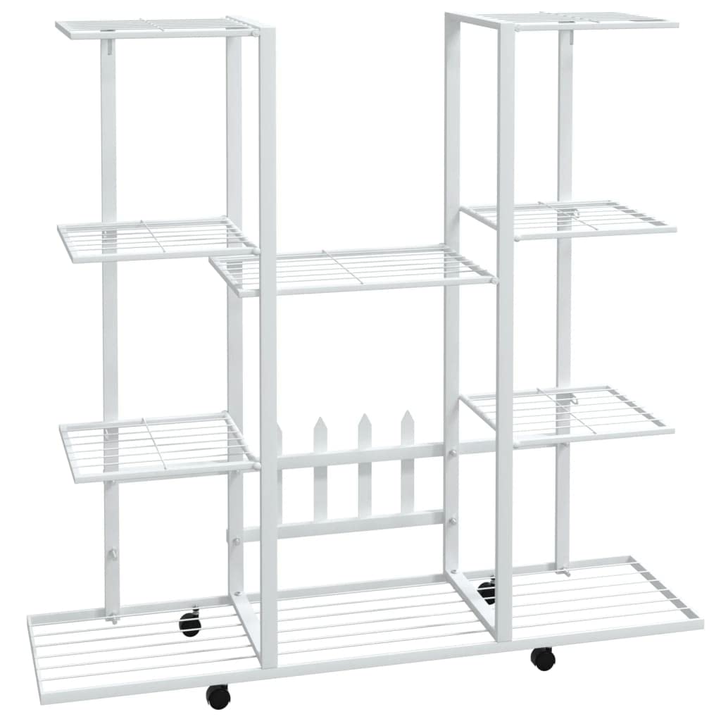 vidaXL Iron Flower Stand with Wheels - Durable White Plant Display Rack with Storage - Outdoor Garden, Patio, Deck, and Living R