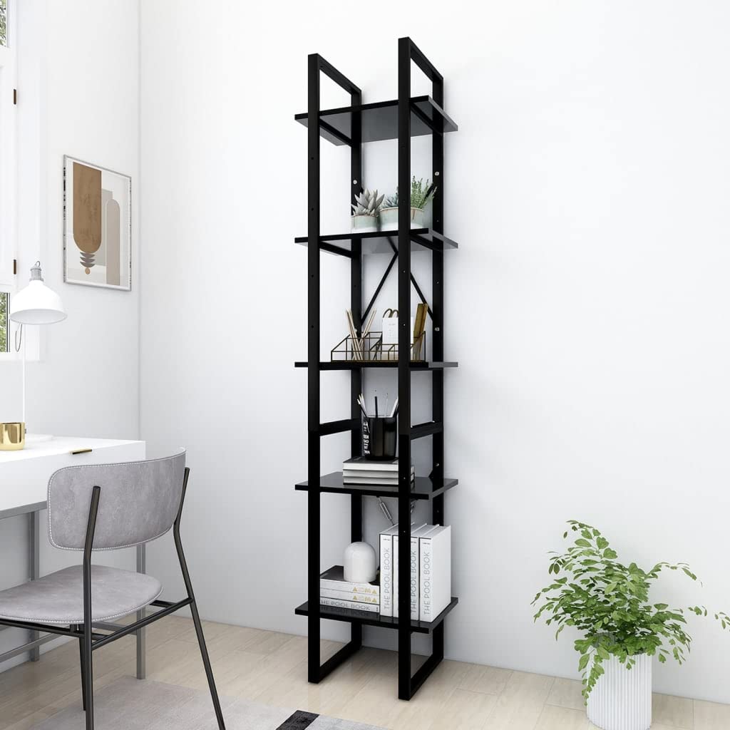 vidaXL Bookshelf, Book Cabinet with 5 Doors Bookcase, Storage Shelf for Office Living Room, Freestanding Shelving Unit, Modern, Black Engineered Wood