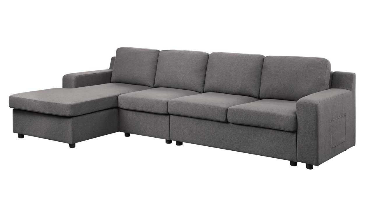 Lilola Home Waylon Gray Linen 4-Seater Sectional Sofa Chaise with Pocket - Thumbnail 2