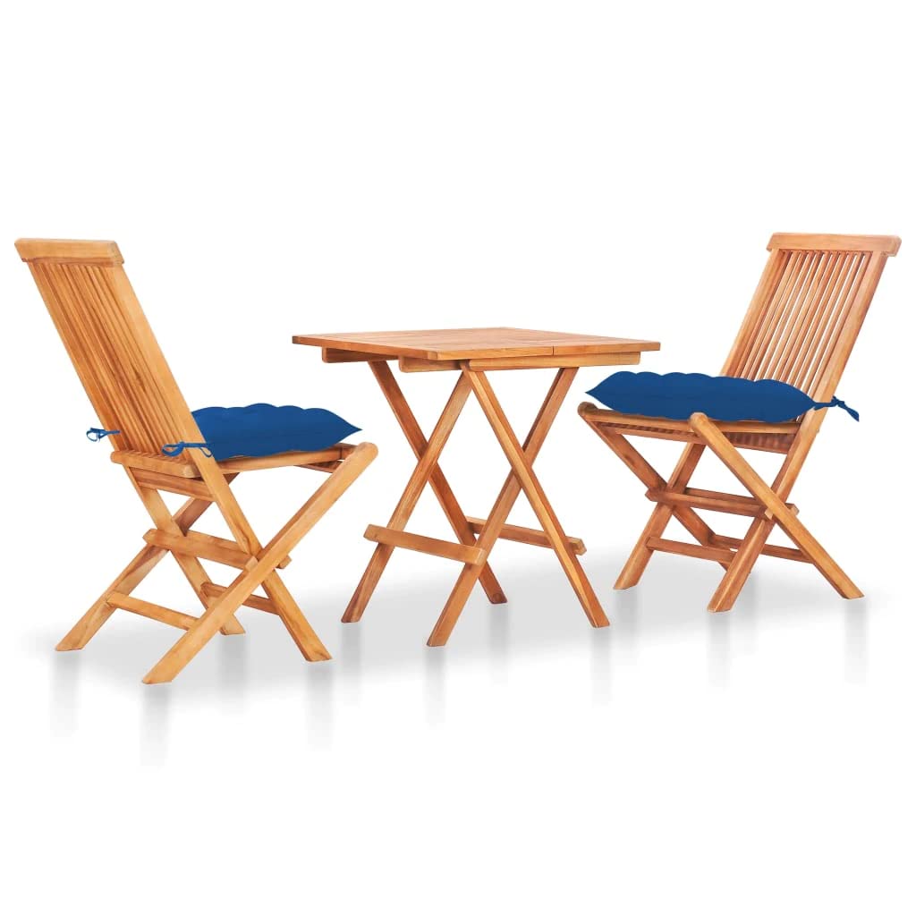 Vidaxl Solid Teak Wood 3 Piece Bistro Set Wooden Garden Outdoor Terrance Patio Dining Room Furniture Folding Table & Chair With Blue Cushions