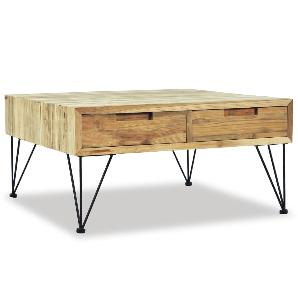 vidaXL Solid Teak Wood Coffee Table - Durable, Rustic-Style, Colonial-Inspired, with Two Storage Drawers and Wrought Iron Legs, Brown, Square