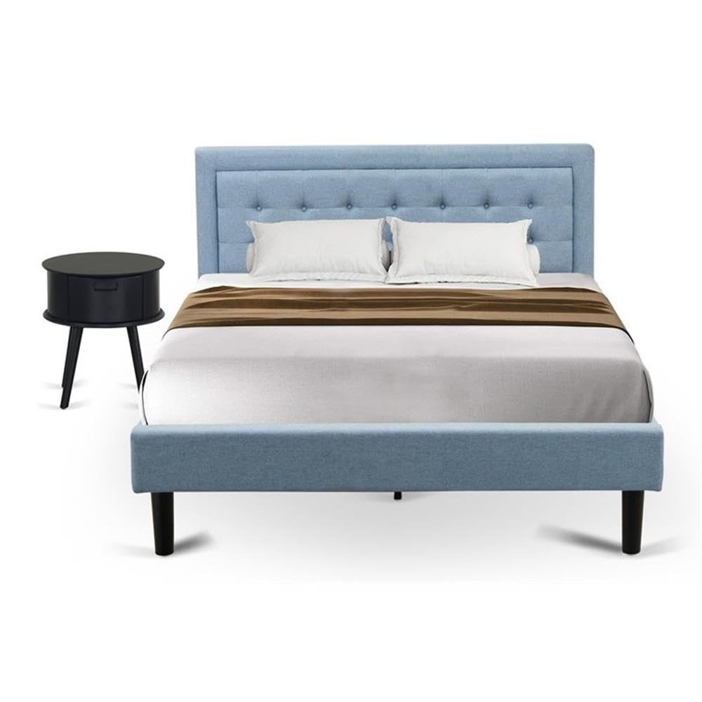 East West Furniture FN11Q-1GO15 2-Piece Platform Bedroom Furniture Set with 1 Platform Bed and a Wood Nightstand - Reliable and Durable Manufacturing - Denim Blue Linen Fabric