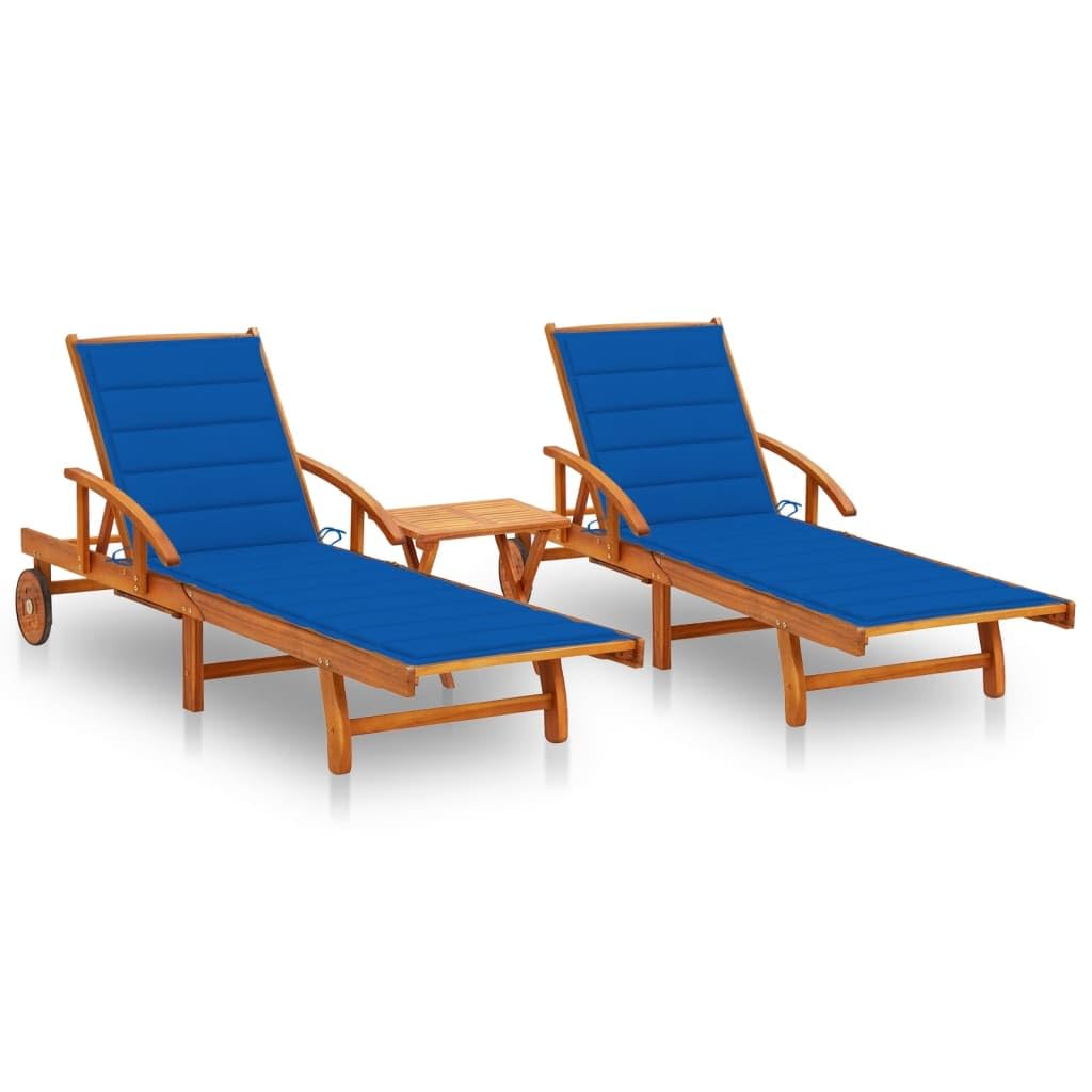 Vidaxl Retro Style Sun Lounger Set With Table And Cushions - Acacia Wood Construction - Adjustable Backrest And Footrest - Royal Blue Cushions - Suitable For Garden, Patio, And Poolside