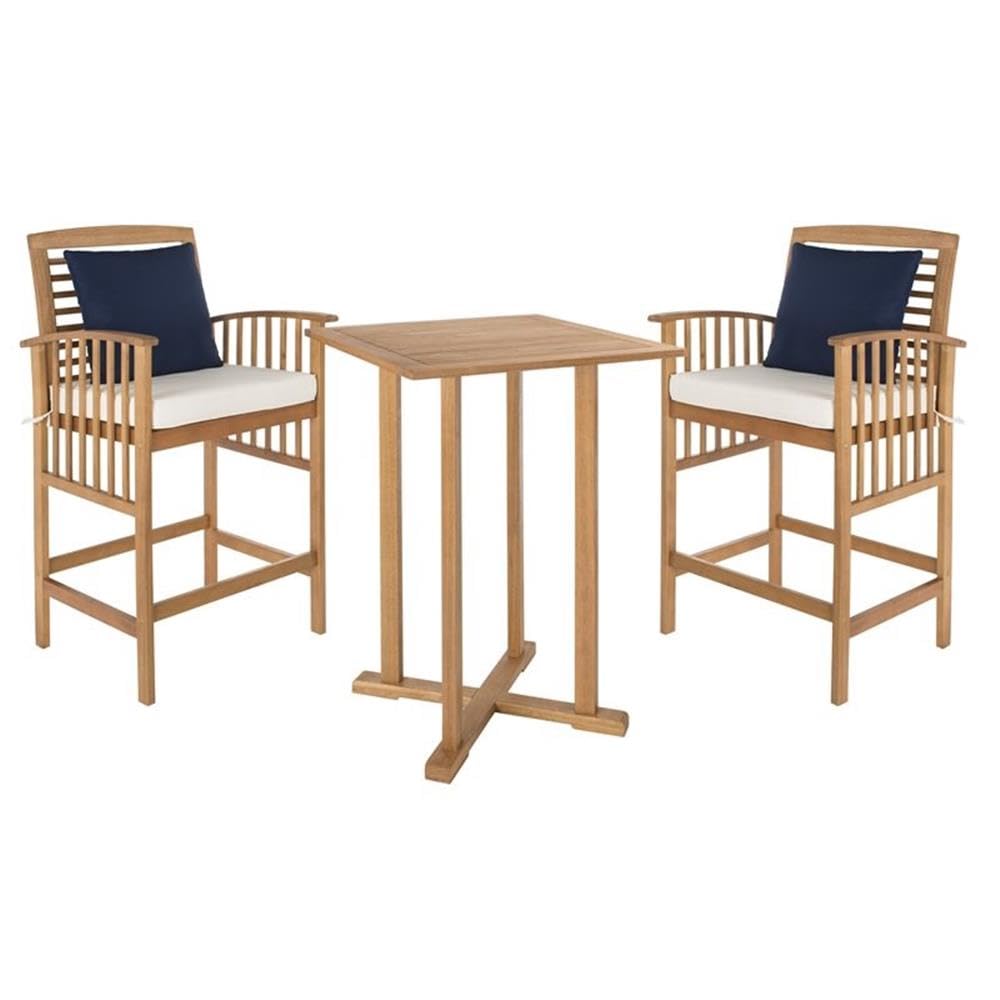 SAFAVIEH Outdoor Collection Pate Natural/ White Cushions/ Navy Pillows 3-Piece Bar Table Bistro Set