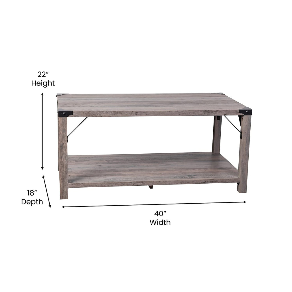 Flash Furniture Wyatt Modern Farmhouse 2 Tier Coffee Table - Gray Wash Engineered Wood Frame - Black Metal Crisscross Side Braces and Corner Accents