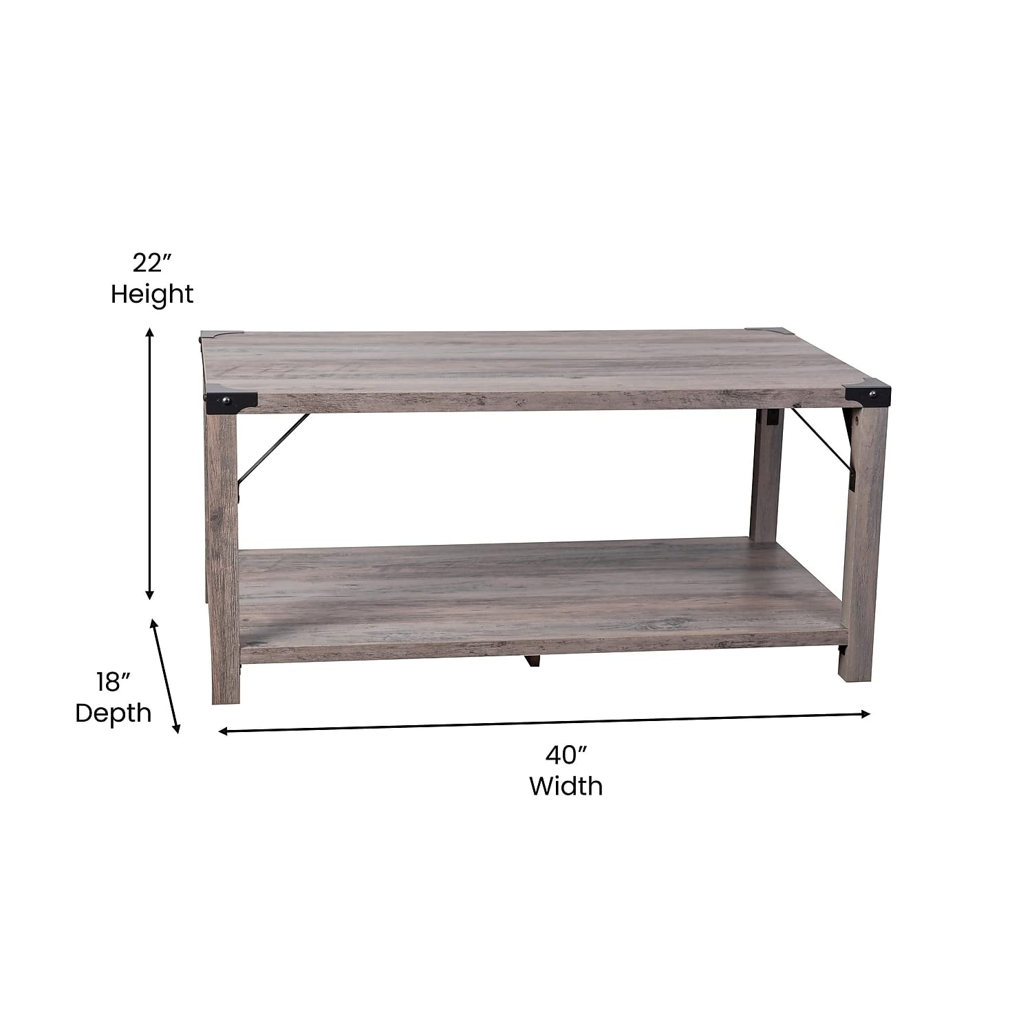 Flash Furniture Wyatt Modern Farmhouse 2 Tier Coffee Table - Gray Wash Engineered Wood Frame - Black Metal Crisscross Side Braces and Corner Accents