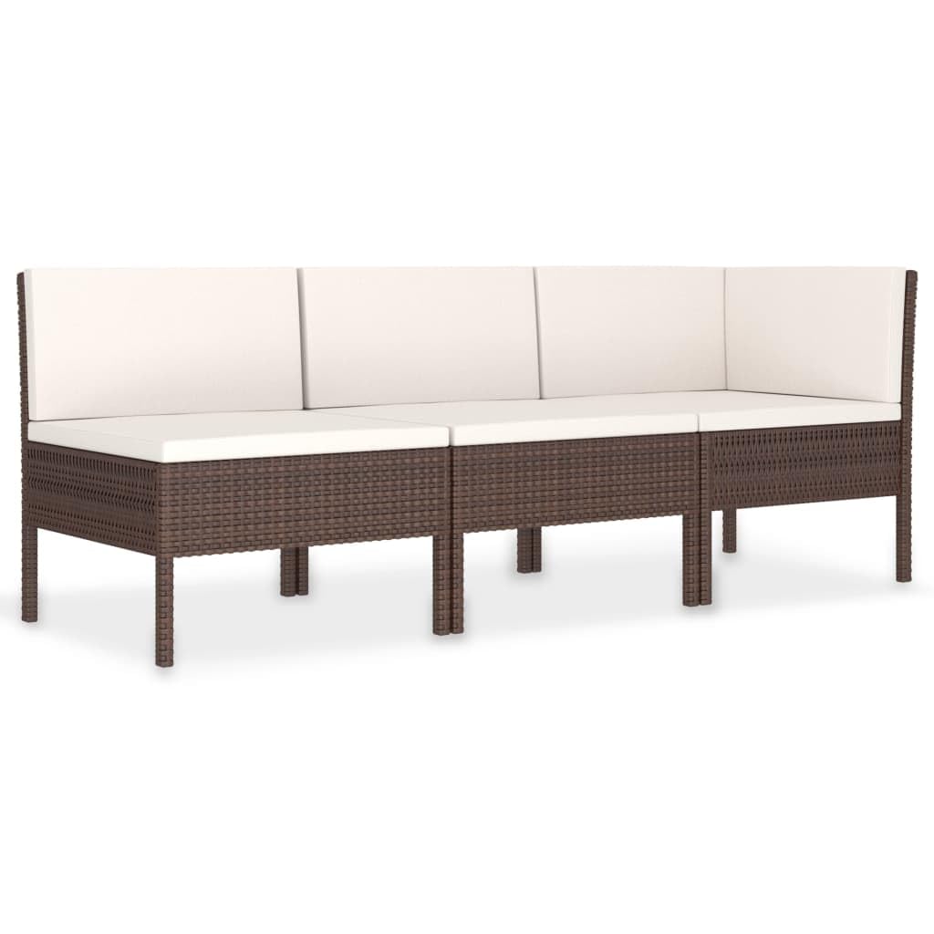 vidaXL 3 Piece Poly Rattan Patio Lounge Set with Cushions, Weather-Resistant Outdoor Furniture, Brown with Cream White Cushions, Easy-Clean & Modular Design