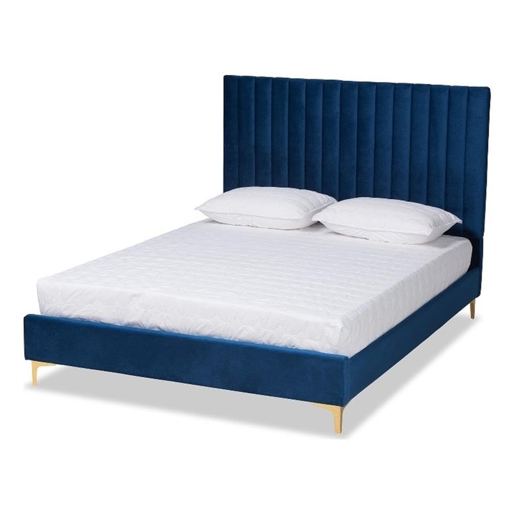 Baxton Studio Serrano Contemporary Glam And Luxe Navy Blue Velvet Fabric Upholstered And Gold Metal Queen Size Platform Bed