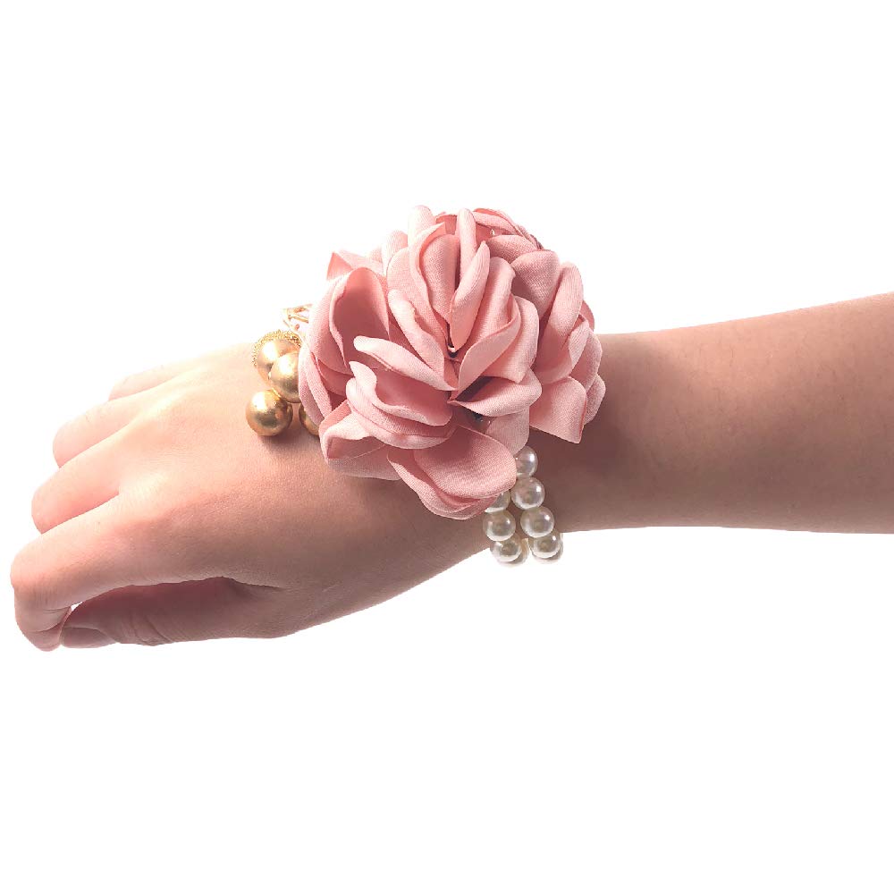 Abbie Home Classic Wrist Corsage for Prom Party Wedding Ball Event Silk flower Pearl Bracelet (Corsage, Dusty Pink)