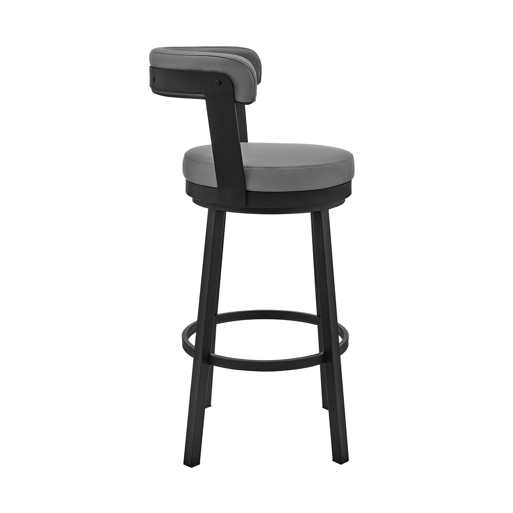 HomeRoots Gray Metal, Faux Leather 30' Chic Grey Faux Leather with Black Finish Swivel Bar Stool