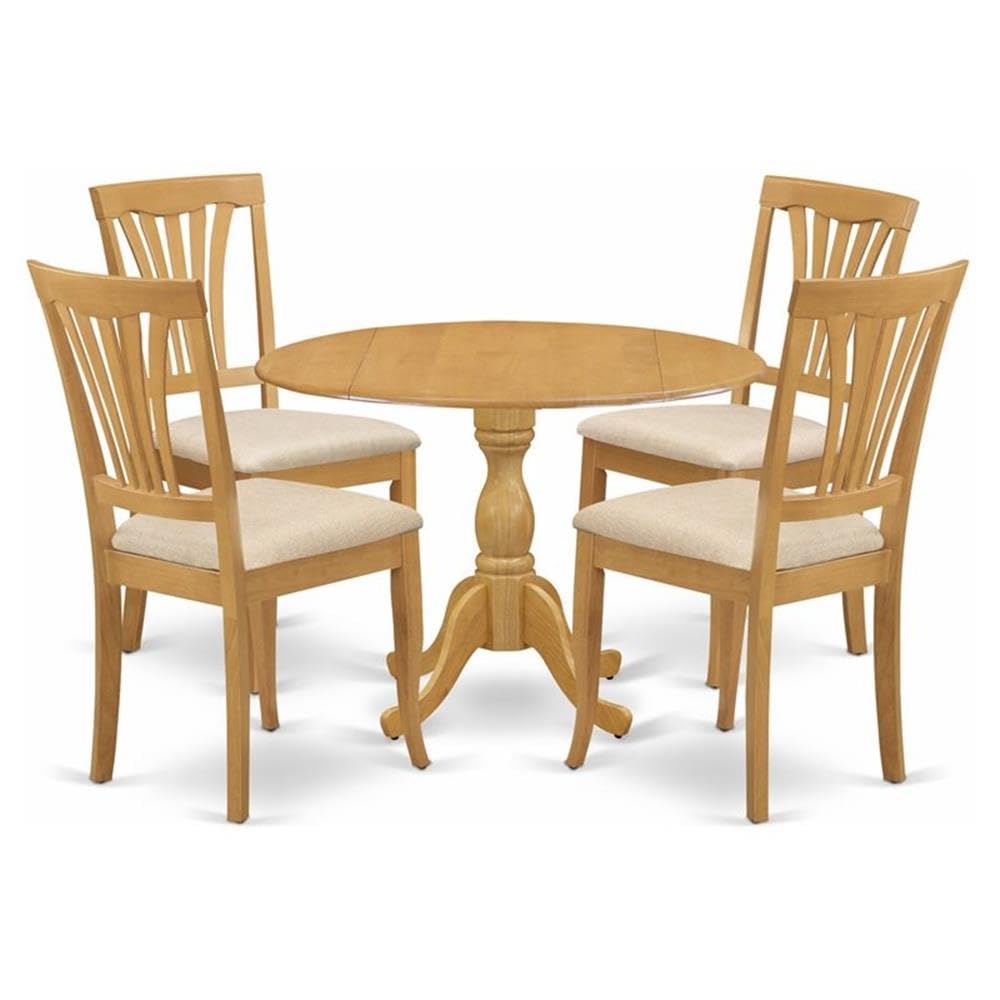 East West Furniture DMAV5-OAK-C 5 Piece Kitchen Table Set for 4 Includes a Round Dining Table with Dropleaf and 4 Linen Fabric Dining Room Chairs, 42x42 Inch, Oak