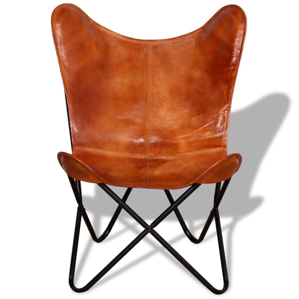 vidaXL Butterfly Chair, Lightweight Armchair with Powder-Coated Steel Frame, Comfortable Genuine Goat Leather, Versatile Utility 26" x 29.1" x 35.4", Brown