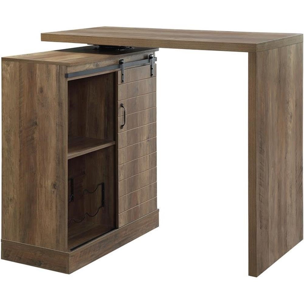 Acme Quillon Wooden Bar Table with Sliding Barn Door and Wine Rack in Rustic Oak