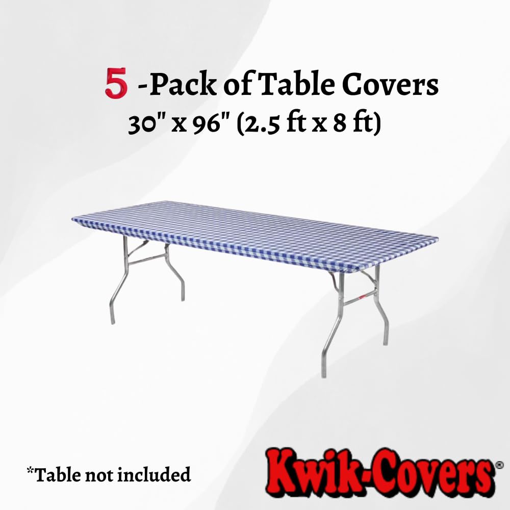 Kwik-Covers Rectangular Plastic Table Covers 8' Bundle Of 5 With Seventy (70) Ohm Commerce Paper Napkins - Indoor Or Outdoor Fitted Table Covers (Table Not Included) (30X96, Blue Gingham)