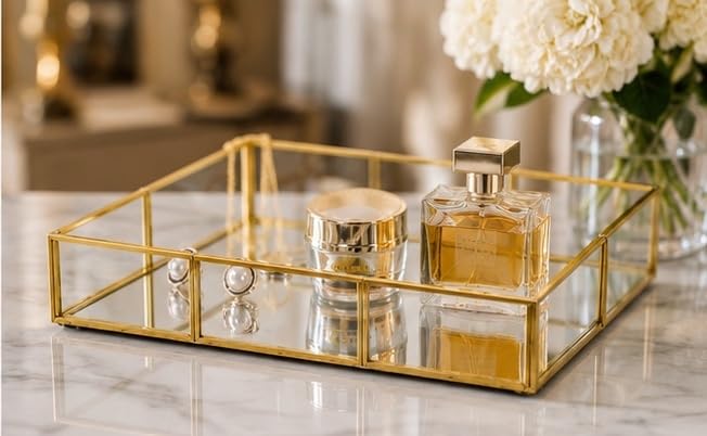 IAC Crafteriaaa Rectangle Glass Tray with Gold Rim and Mirror Base Vanity Table Decoration [10 x 7 x1.5 inches]
