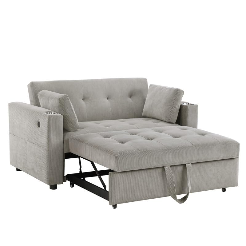 Lilola Home Luelle 57' W Gray Corduroy Convertible Sleeper Loveseat with Cupholders, USB Ports, Magazine Pockets, Pillows, Tufting