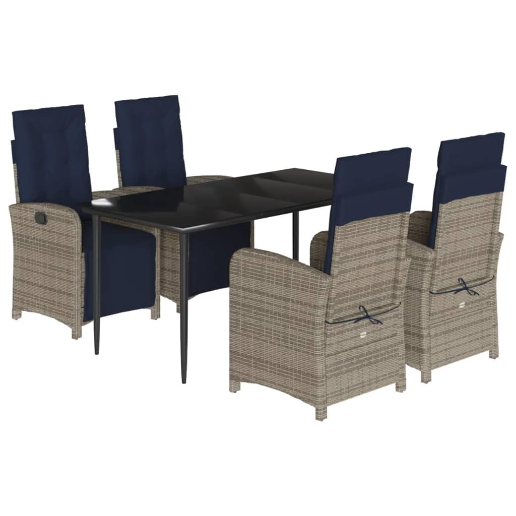 vidaXL 5-Piece Patio Dining Set - Gray Poly Rattan with Navy Cushions, Adjustable Backrest, Tempered Glass Table