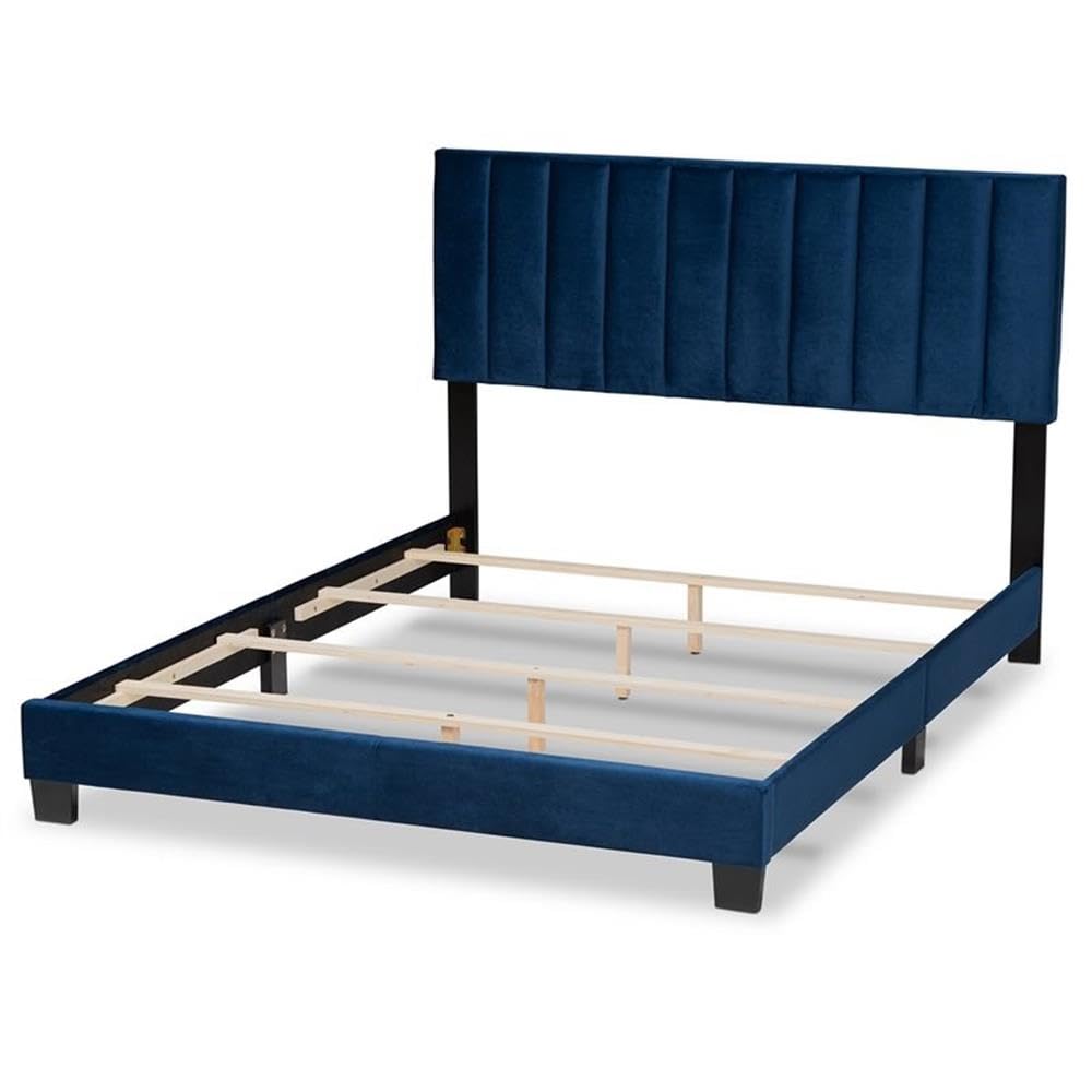 Baxton Studio Clare King Size Navy Blue Velvet Panel Bed with Tufted Headboard