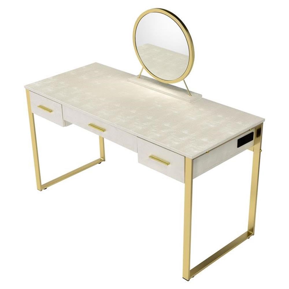 Acme Myles Vanity Set with USB Port in Antique White and Champagne Metal