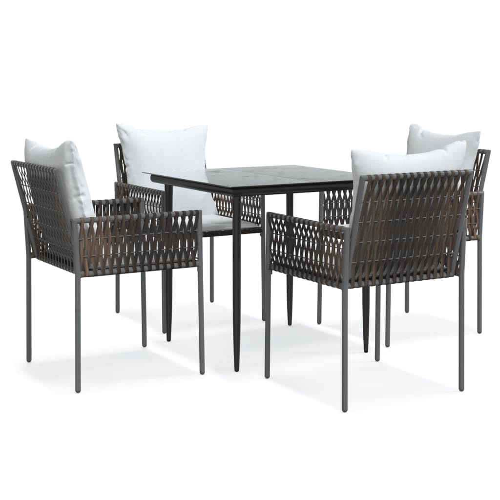 vidaXL Modern 3 Piece Patio Dining Set, Poly Rattan and Steel Frame, Brown Dining Chairs and Black Dining Table with Tempered Glass Top