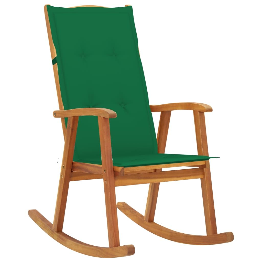 vidaXL Rocking Chair - Indoor/Outdoor Furniture with Cushions, Durable Solid Acacia Wood Construction, Waterproof Cushion, Brown and Green, Retro Style