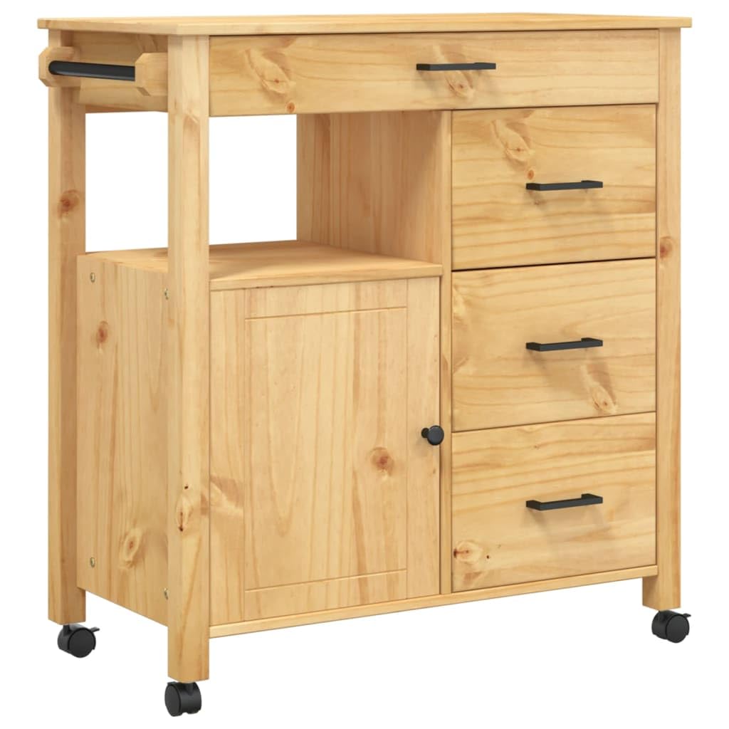 vidaXL Solid Pine Wood Kitchen Trolley – Rolling Storage Cart with Drawers, Shelves, and Wheels for Living Room, Bathroom - Honey Wax Brown, 33.1”L