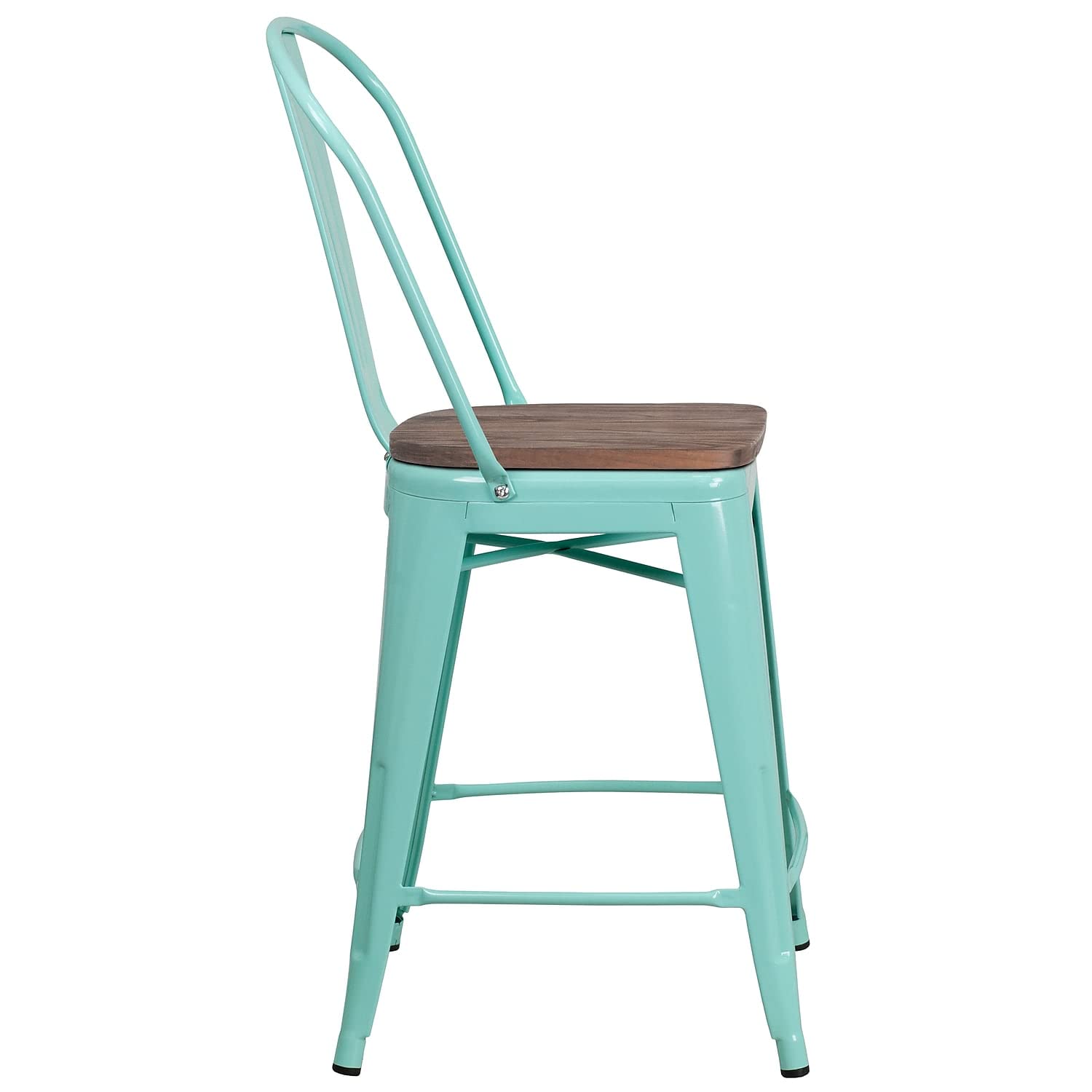 Flash Furniture Carly 24' High Mint Green Metal Counter Height Stool With Back And Wood Seat
