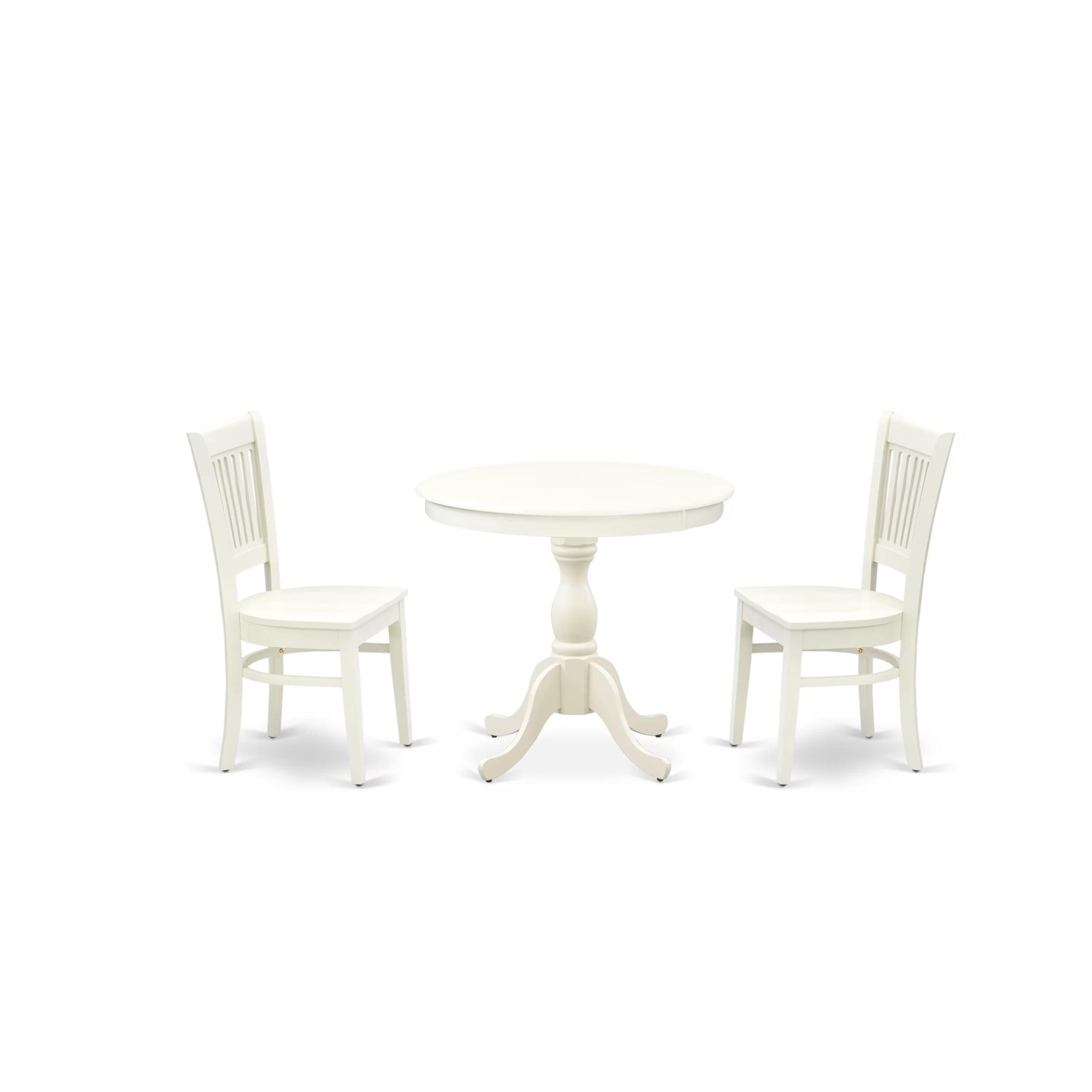 East West Furniture Amva3-Lwh-W 3 Piece Kitchen Table Set For Small Spaces Contains A Round Dining Room Table With Pedestal And 2 Dining Chairs, 36X36 Inch, Linen White
