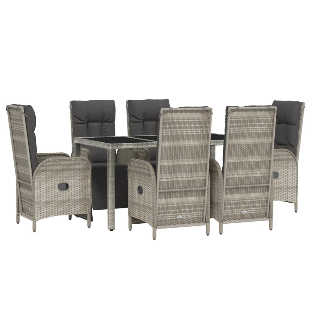 Vidaxl Outdoor Patio Dining Set - 7 Piece Poly Rattan Furniture With Reclining Chairs, Tempered Glass Tabletop, Powder-Coated Steel Frame In Gray