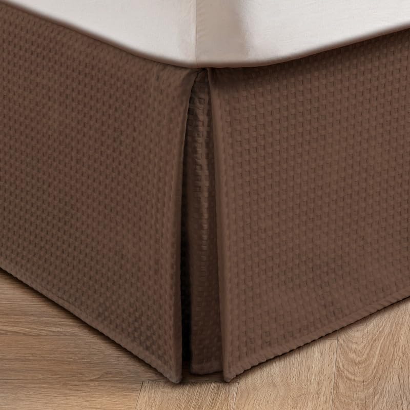 Miye Pleated Waffle Weave Bed Skirt, Tailored Dust Ruffle 18 Inch Drop Easy Fit, Machine Washable (Brown, Queen - 18'' Drop)