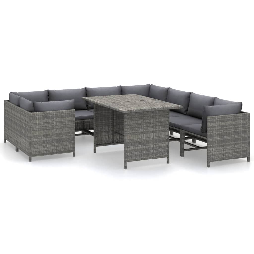 vidaXL 9 Piece Patio Lounge Set with Cushions - Farmhouse Style Poly Rattan Garden Furniture Set with Dining Table in Gray - Modular Outdoor Seating Arrangement