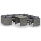 vidaXL 9 Piece Patio Lounge Set with Cushions - Farmhouse Style Poly Rattan Garden Furniture Set with Dining Table in Gray - Modular Outdoor Seating Arrangement