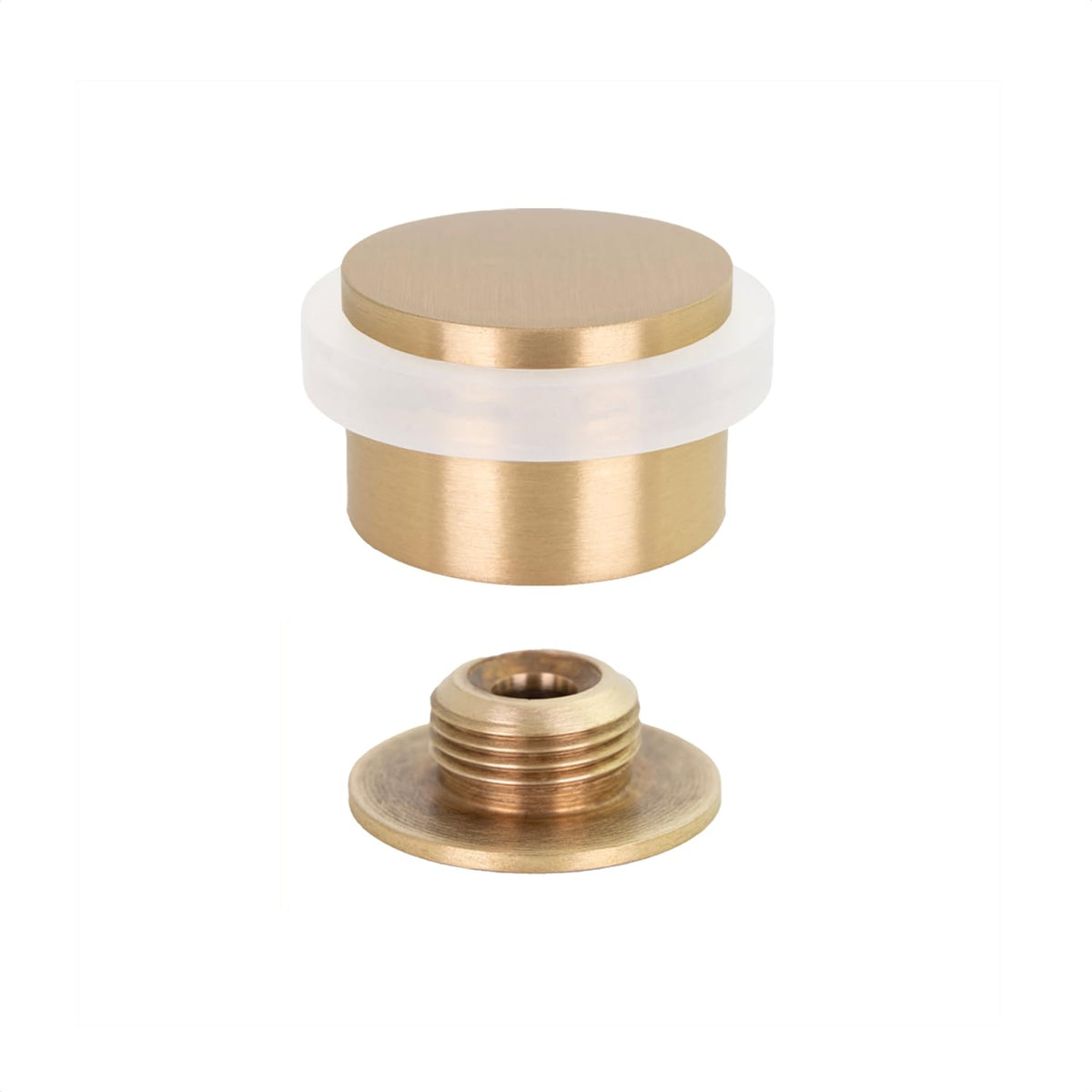 Evi | Floor Mounted Doorstop | Adhesive Or Screwing Threaded Base | 0.8' X 1.1' | Natural Silicone | Brass Finished | Easy Ins