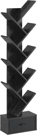 Rolanstar Bookshelf with Drawer,9 Shelf Tree Bookshelf,Retro Bookcase,Wooden Storage Rack for CDs/Movies/Books, Utility Organize