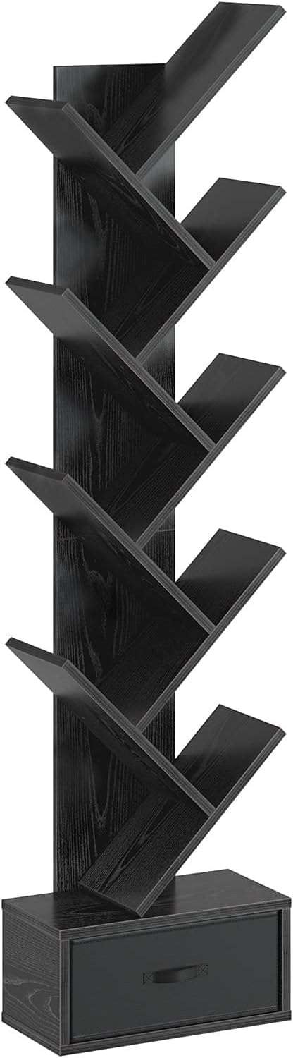 Rolanstar Bookshelf with Drawer,9 Shelf Tree Bookshelf,Retro Bookcase,Wooden Storage Rack for CDs/Movies/Books, Utility Organize