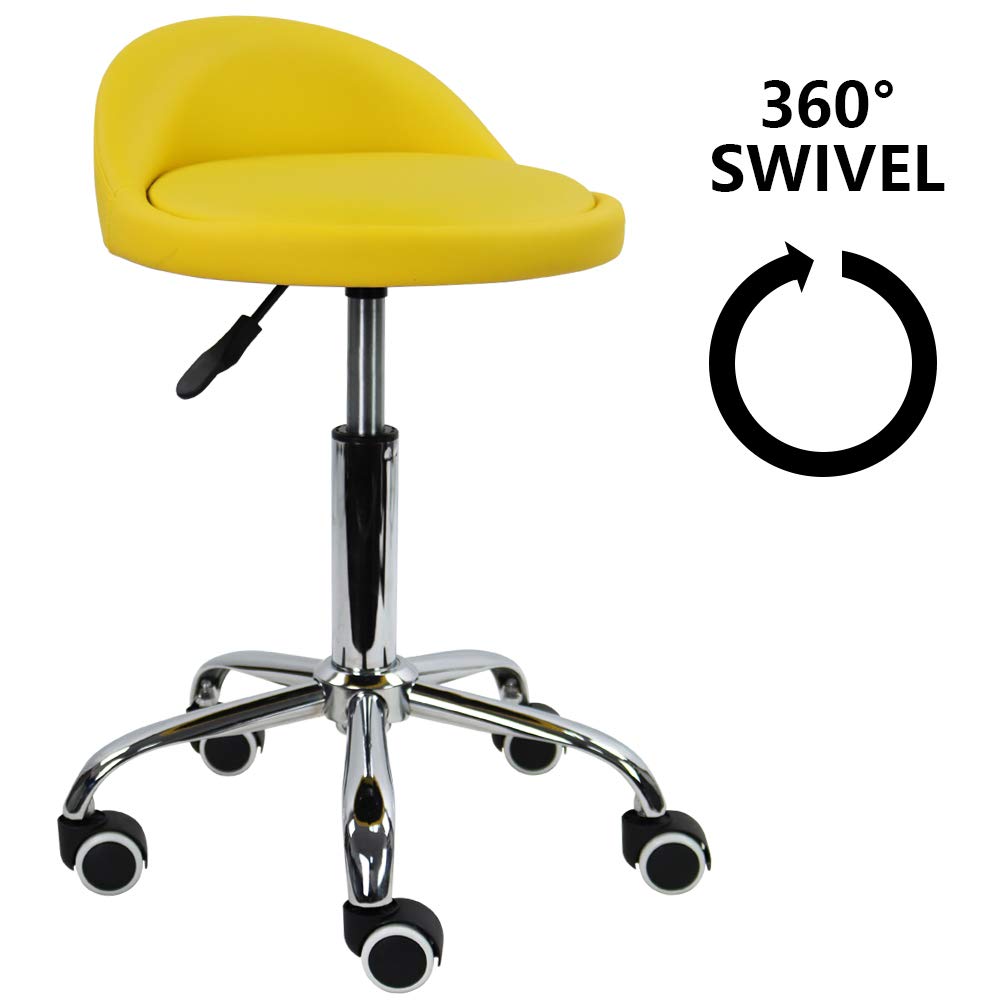 Kktoner Pu Leather Round Rolling Stool With Back Rest Height Adjustable Swivel Drafting Work Spa Task Chair With Wheels (Yellow)